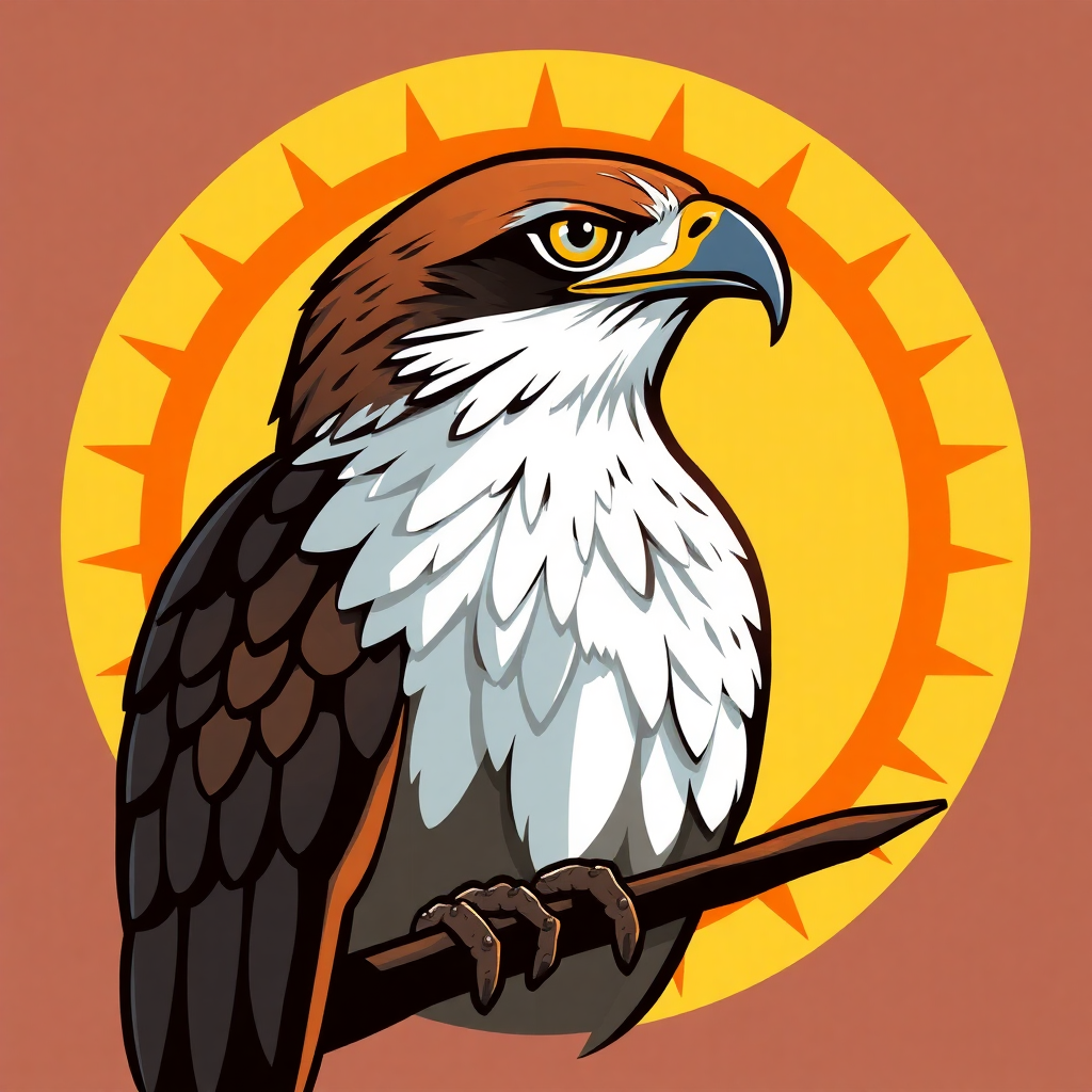 The image is a digital illustration of a bird of prey, specifically an eagle, perched on a branch. The eagle is facing towards the right side of the image, with its head turned slightly to the left. It has a brown head and neck, with a white chest and wings. Its beak is yellow and its eyes are a piercing yellow. The background is a bright orange with a yellow sunburst pattern. The bird's wings are spread out and its talons are gripping the branch tightly. The overall style of the illustration is cartoon-like, with bold lines and bright colors.