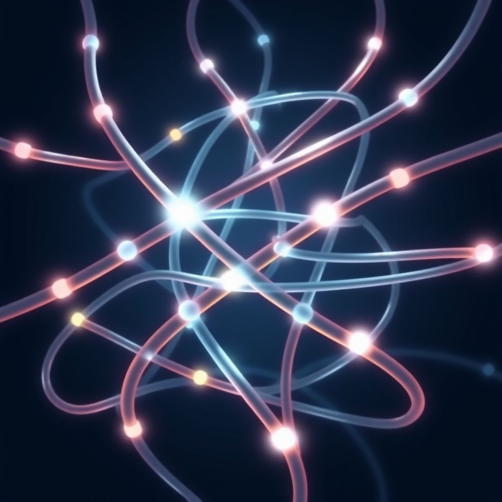 Interlocked Digital Strands: Represent digital information (bits, abstract code symbols) as distinct strands that are tightly interwoven, forming a stable, complex structure. Some strands could be highlighted to show active processes or outputs.
