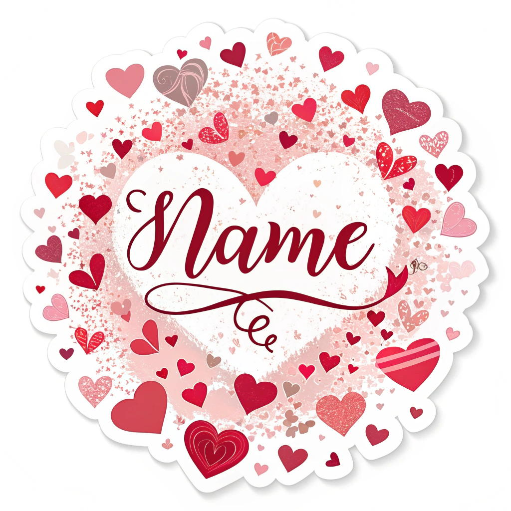 Stickers with a name surrounded by a burst of small hearts in various shades of pink and red.