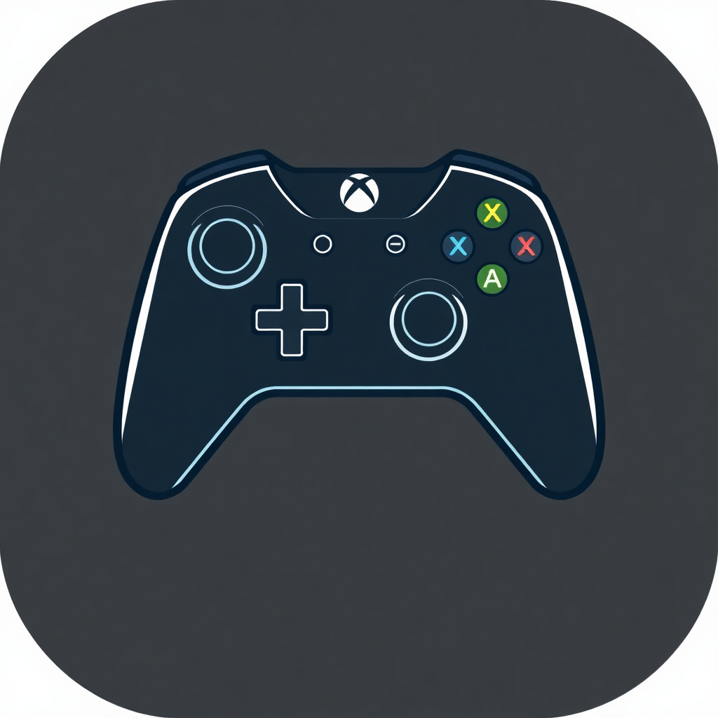 The image is a digital illustration of a gaming controller. The controller is black in color and has a rectangular shape with rounded edges. It has four buttons on the top, two on the left side, one on the right side, and three on the bottom. The buttons are arranged in a grid-like pattern, with a plus sign in the center. There are also two directional buttons, a directional pad, and two action buttons. On the top right corner, there are three green, red, and yellow buttons, representing the Xbox logo. The overall design of the controller is simple and minimalistic.