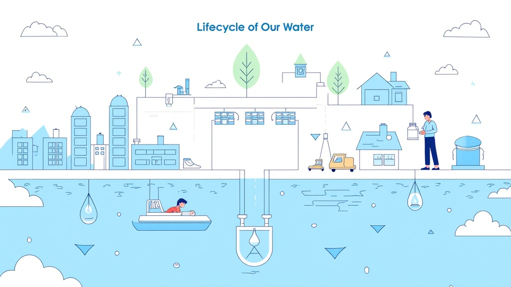 An infographic-style narrative revealing the 'Lifecycle of Our Water'. It traces water from its natural source, through city infrastructure, usage in homes and industry, wastewater treatment, and its potential return to the environment, highlighting key points for conservation and vulnerable stages for scarcity.