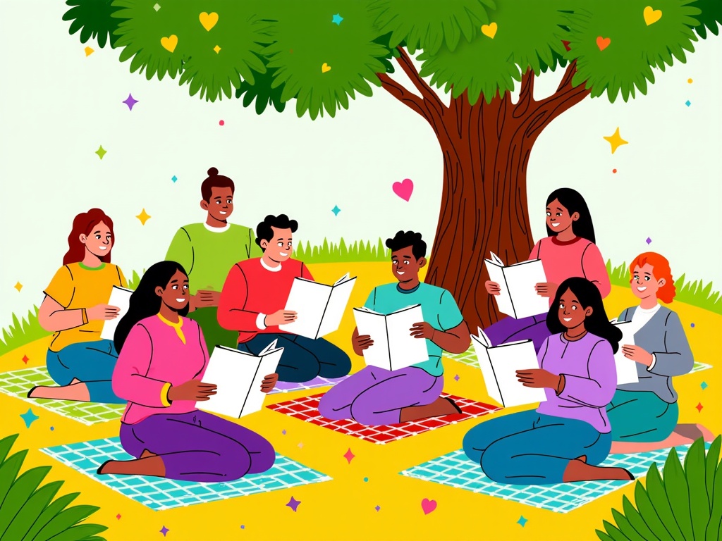 A scene depicting a group poetry reading session outdoors, with people of diverse backgrounds sitting on picnic blankets under a tree, sharing and listening to poems.
