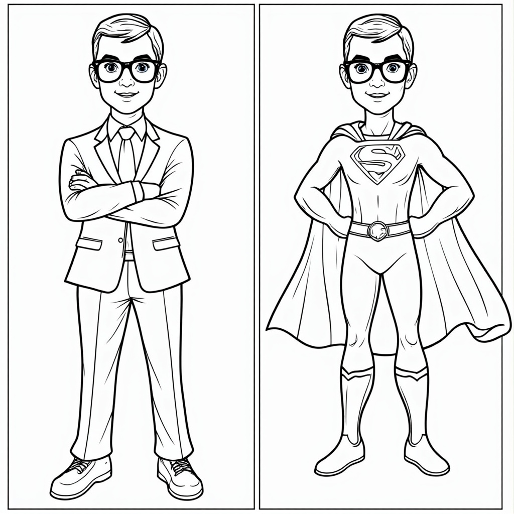 A before-and-after split image coloring page showing a character with glasses and a suit in one frame, and the same character as a superhero with a cape in the next.