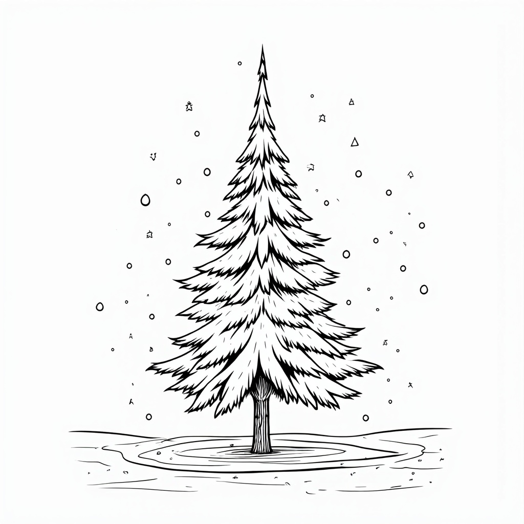 The image is a black and white line drawing of a tall pine tree. The tree is standing on a small island in the middle of a body of water. The trunk of the tree is tall and slender, with a pointed top and a conical trunk. The branches are covered in snowflakes, giving the tree a wintery appearance. The background is white, and there are small black dots scattered around the tree, creating a sense of depth and dimension. The overall mood of the image is peaceful and serene.