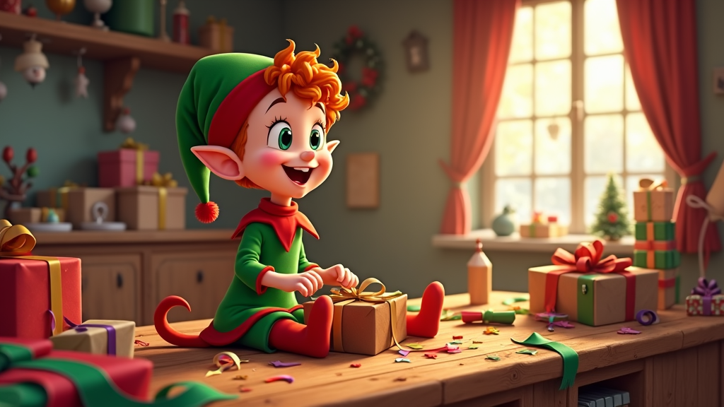  a cartoon elf sitting on a wooden table in a room decorated for Christmas. The elf is wearing a green and red outfit with a red hat and has orange hair. He is holding a gift box in his hands and appears to be opening it with a smile on his face. There are several other gift boxes scattered around the table, some of which are wrapped in colorful ribbons and bows. In the background, there is a window with red curtains and a Christmas wreath hanging on the wall. The room is filled with festive decorations, including a Christmas tree, presents, and other holiday-themed items. The overall mood of the image is cheerful and festive.