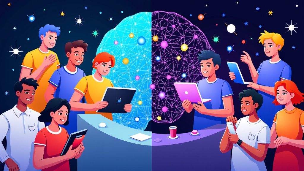 Split-screen visual: one side shows a diverse group of patients engaging with AI assistants via various devices (smartwatches, screens); the other shows the AI's neural network processing data to provide insights.