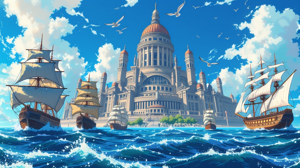 One Piece universe beautifully illustrated with the world government headquarters and iconic ships sailing towards adventures and peril wrapping around the image.