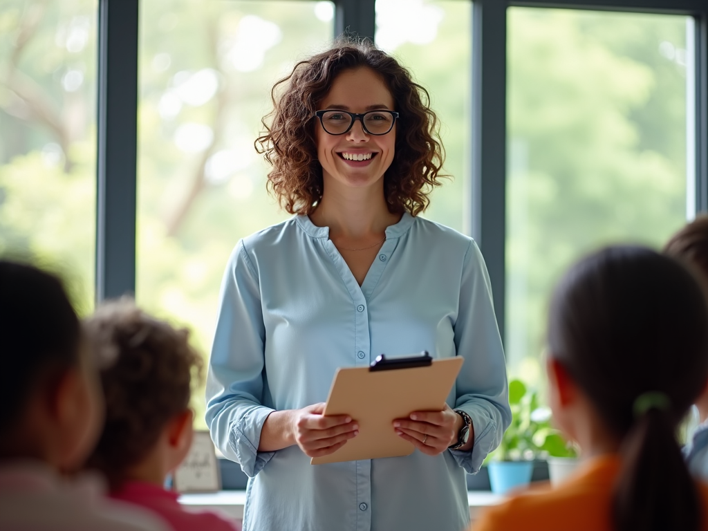 A teacher with a compassionate look holds a clipboard as she talks to her class with sliding windows open, allowing a cool breeze and the sounds of chirping birds to fill the room.