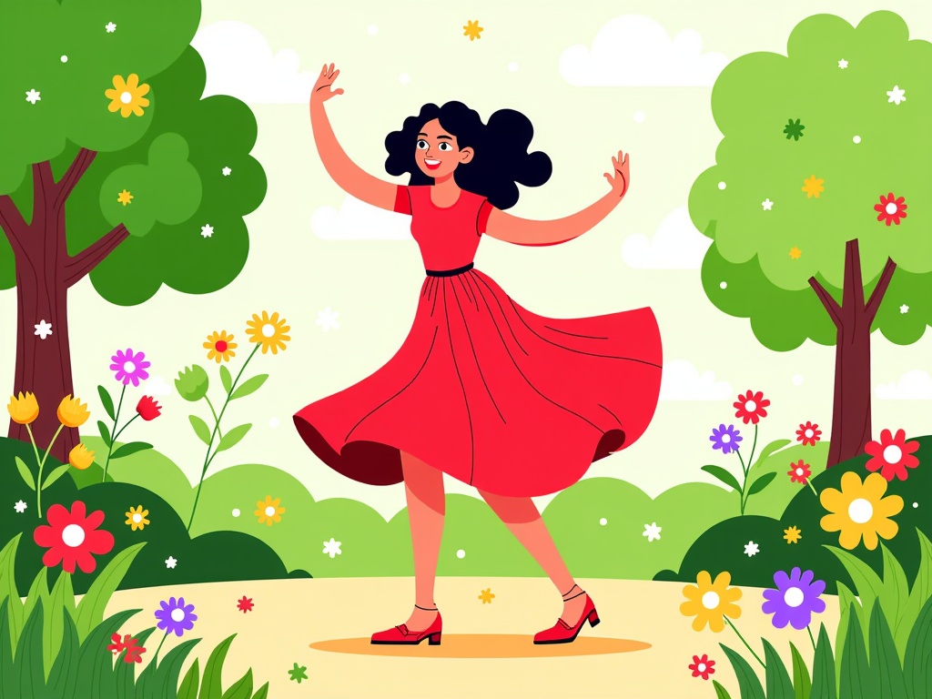  a young woman dancing in a garden. She is wearing a red dress and red high heels. Her hair is styled in loose curls and she has a big smile on her face. The garden is filled with colorful flowers and trees, and the sky is blue with white clouds. The woman is in the center of the image, with her arms stretched out to the sides and her legs slightly bent at the knees. She appears to be in mid-stride, with one leg lifted up in the air.