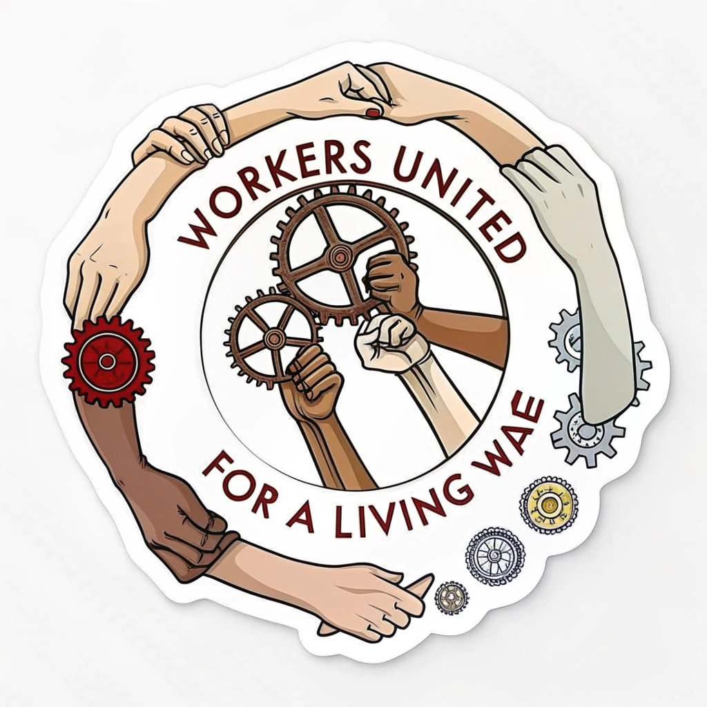 A design showing linked hands or interlocking gears forming a circle, symbolizing unity and collective bargaining power. Text inside or around the circle: 'Workers United for a Living Wage'.
