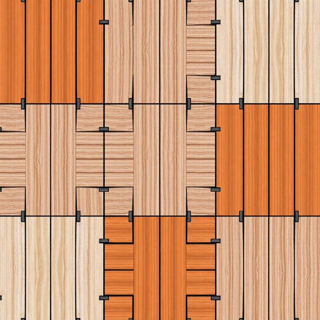 Interlocking outdoor deck tiles that can be configured into various patio and walkway designs.