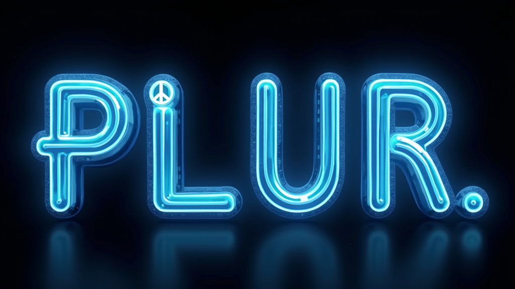 A T-shirt design where the letters P.L.U.R. are prominently displayed in a bold, futuristic glow-in-the-dark font. Each letter could incorporate subtle symbols for Peace (e.g., a small peace sign outline), Love (a heart outline), Unity (interlocking lines), and Respect (a subtle nod/bow motif), all glowing.