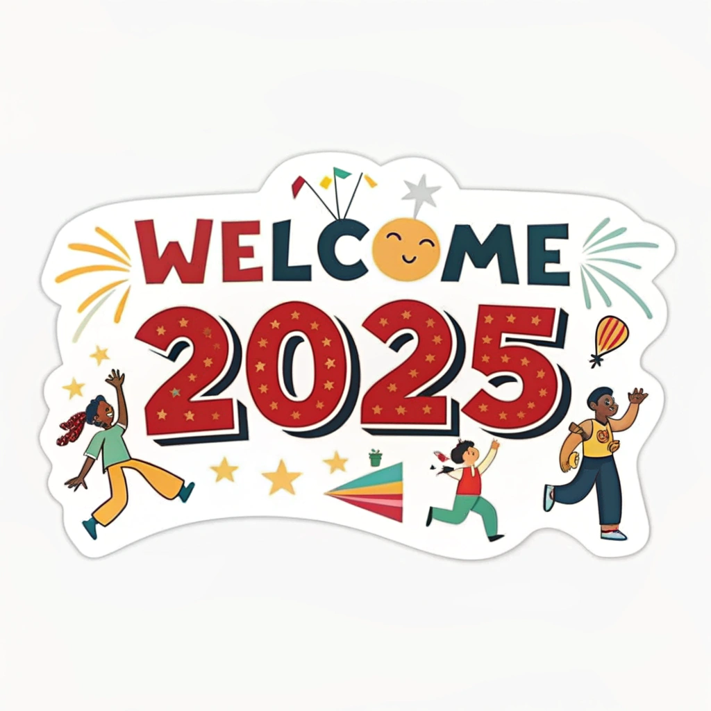 The image shows a poster with a white background featuring a sticker with the words Welcome 2025 and cartoon images of people celebrating the new year.