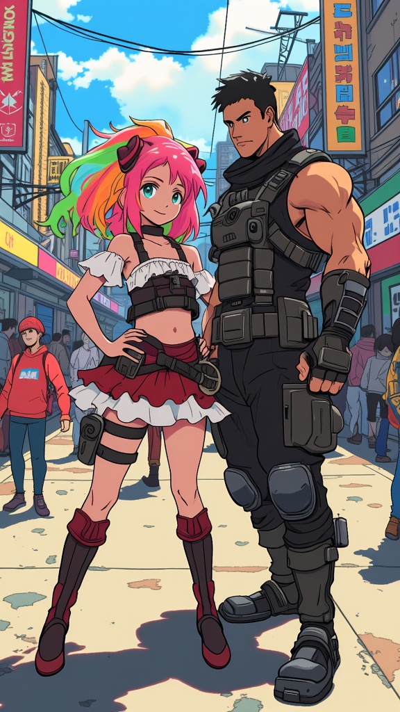 Genre Blend Disguise: Anime heroes known for one genre (e.g., magical girl) cosplaying as a hero from a completely different genre (e.g., a gritty sci-fi soldier), highlighting the contrast in their expressions and poses within the MomoCon setting.