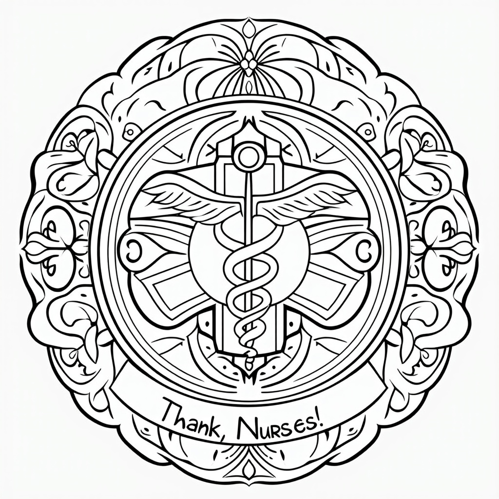 Central Medical Symbol Mandala: A mandala featuring a prominent medical symbol like a caduceus, a stethoscope, or a heart with an EKG line at its center. Floral patterns radiate outwards, and the text 'Thank You, Nurses!' is incorporated into an outer ring or as a banner.
