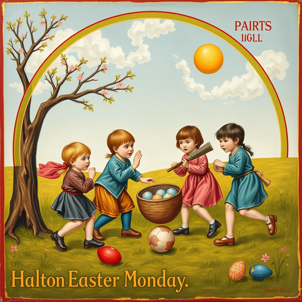 An icon depicting children playing outdoor games on Easter Monday.