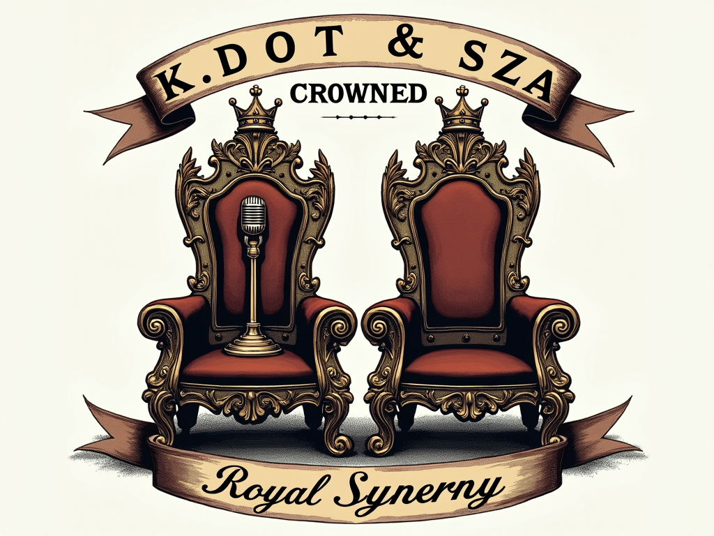 Thrones & Emblems: Two ornate, distinct thrones are depicted side-by-side. One throne has elements symbolic of Kendrick (e.g., a microphone scepter, lyrical scrolls), the other for SZA (e.g., intertwined vines, lunar motifs). A crown rests on each throne or hovers above. 'K.DOT & SZA CROWNED' above, and 'Royal Synergy' below in a banner style.
