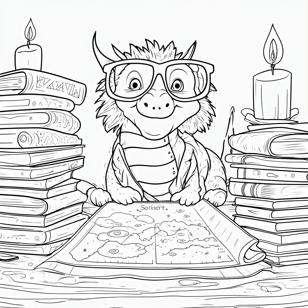 A scholarly dragon seated at a desk piled high with ancient scrolls and books. The dragon wears glasses perched on its snout, and it studies a map under the soft glow of a candle. Intricate runes and illustrations decorate the parchment, encouraging attention to detail during coloring.