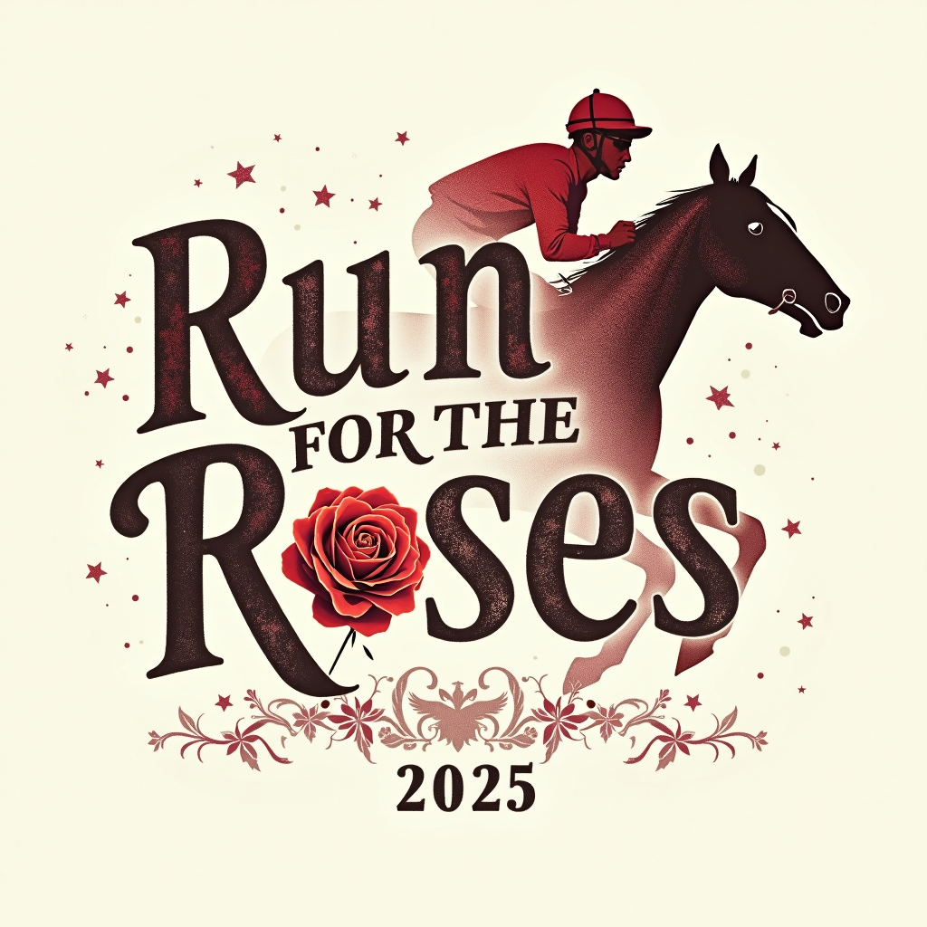 Typography as Imagery: The phrase 'Run for the Roses' and the year '2025' are arranged to form the subtle silhouette of a galloping horse or a rose head. 'Kentucky Derby' acts as a foundation. Letters could vary in size and weight to create the desired shape. Textures or subtle gradients could enhance the visual form of the rose or horse within the typography.