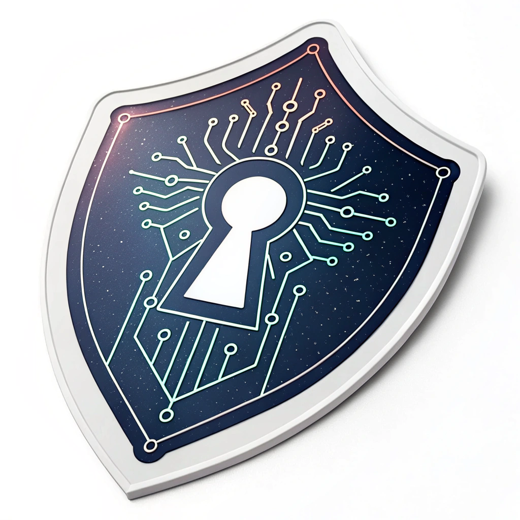 A shield emblem containing a stylised keyhole. Inside the keyhole, glowing lines or abstract patterns represent protected data streams.