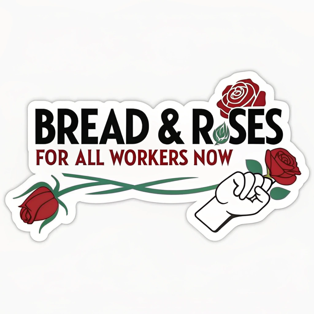 Translated Text: May Day Protest Stickers - Bread & Roses: For All Workers Now.