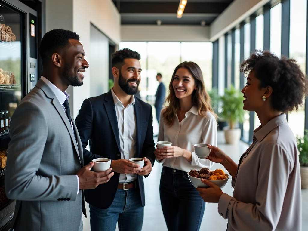 Inside a corporate office, employees gather around a vending machine with a digital interface, selecting freshly brewed coffee and gourmet treats during their break.