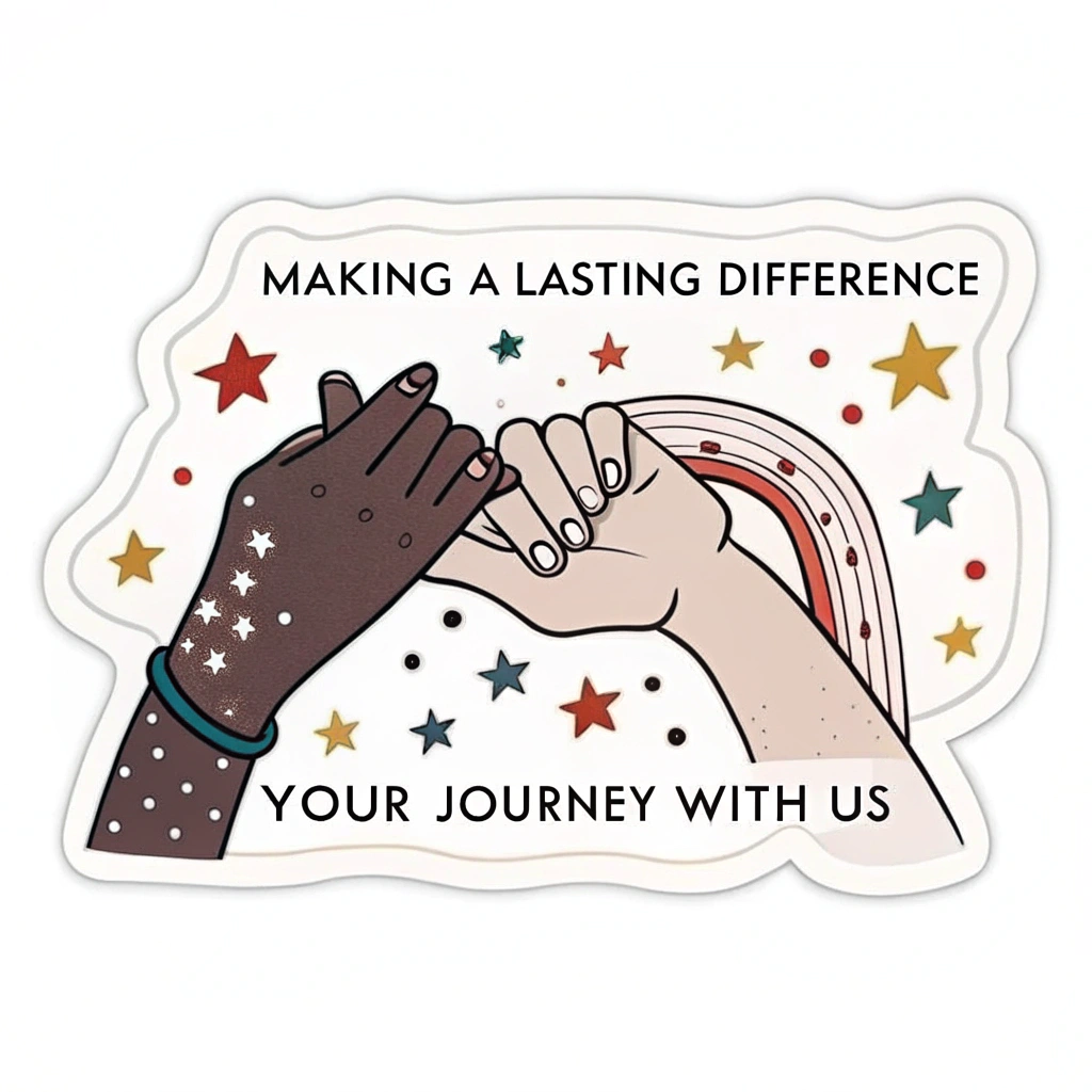 Interlocking Support Sticker: Features two interlocked hands forming a path/bridge in negative space, dotted with stars. Text 'Making a Lasting Difference' above, 'Your Journey With Us' below. Emphasizes collaborative support and positive trajectory.