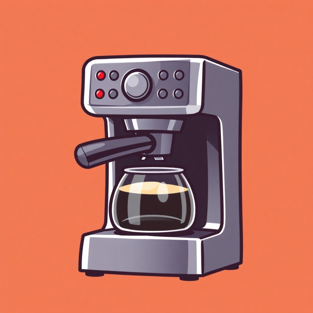 The image is an illustration of a coffee machine. It is a modern and sleek design with a silver body and a black handle on the right side. The top of the machine has a control panel with various buttons and knobs for adjusting the temperature and other settings. On the left side, there is a glass jar with a black lid. The jar is filled with a dark liquid, which appears to be freshly brewed coffee. The background is a solid orange color.