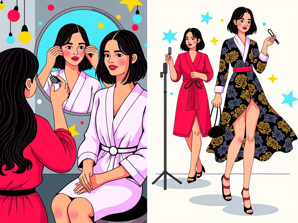 Illustrate the journey of a single key look from backstage preparations (makeup, hair, model getting ready) to its runway appearance, culminating in a detailed fashion illustration of the complete outfit.