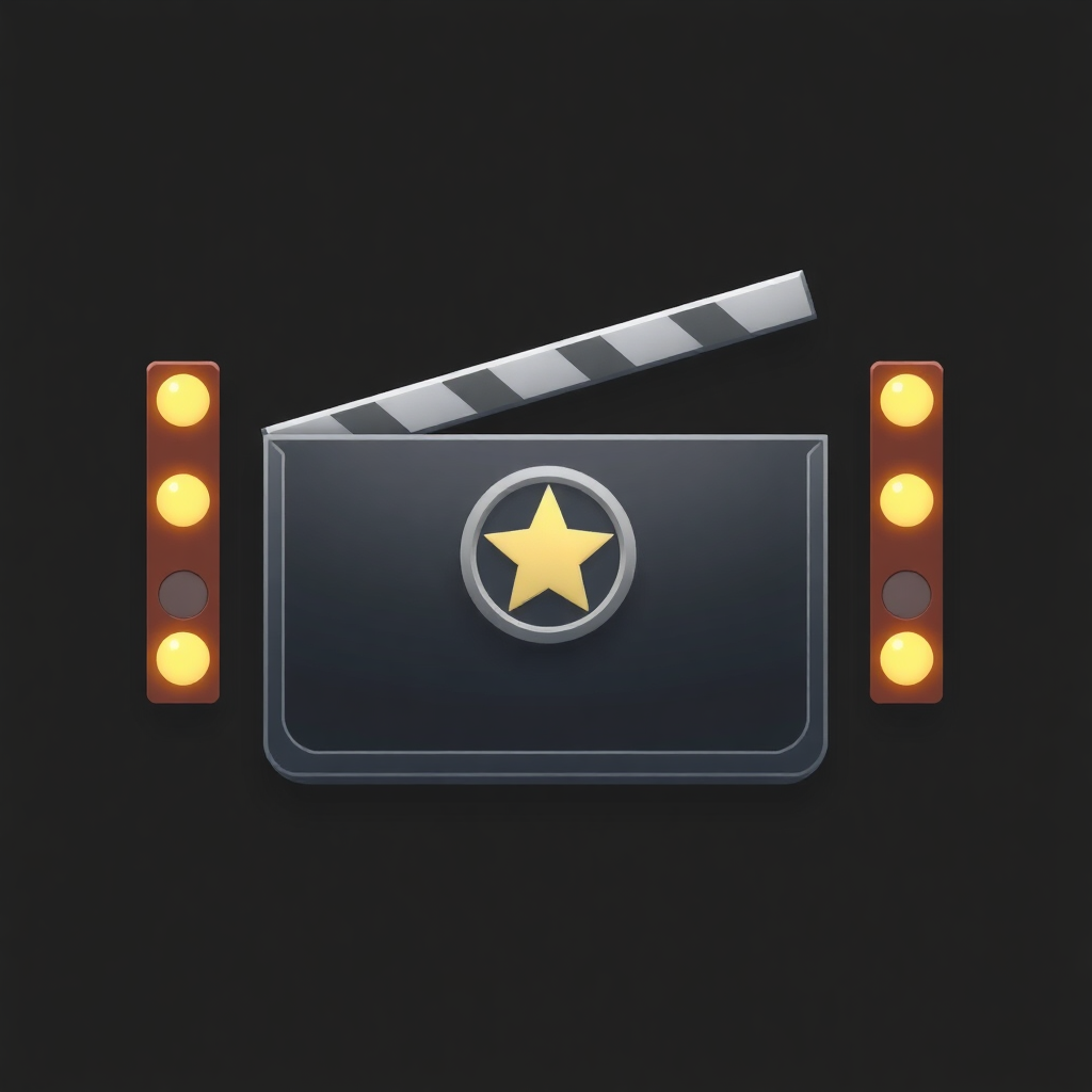 The image shows a movie clapboard with a star on it, illuminated by lights against a black background.