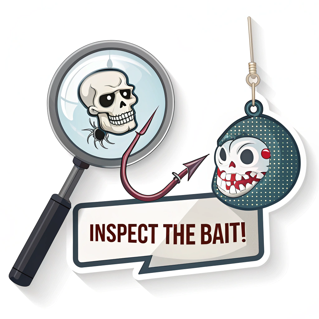 Magnified Threat: A magnifying glass focusing on a fishing hook, where the bait is a tiny, pixelated skull or a fake 'login' button. Text example: 'Inspect the Bait!'
