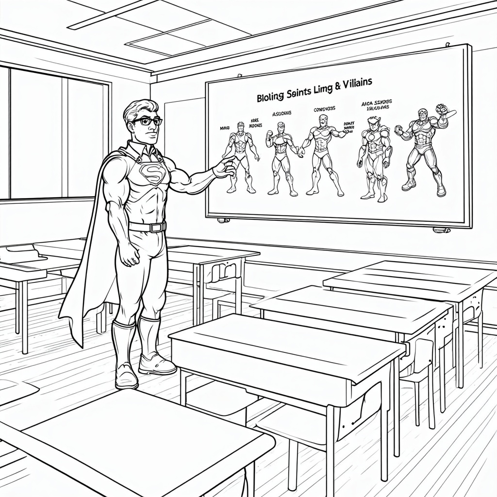 A classroom setting where an experienced hero mentor points to diagrams of famous villains or heroic strategies on a holographic screen.