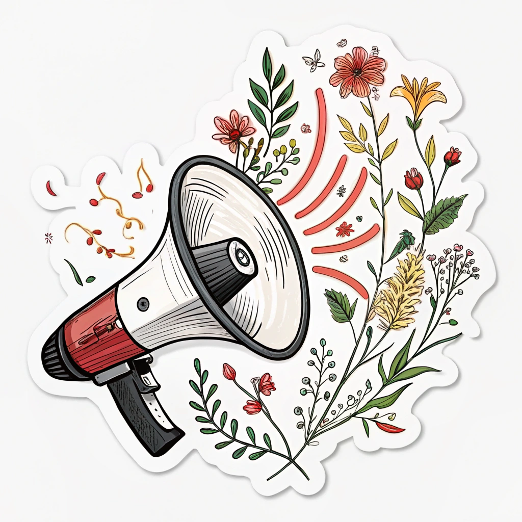 A graphic representing a megaphone amplifying voices, with abstract sound waves turning into growing vines or flowers, symbolizing growth through collective voice.