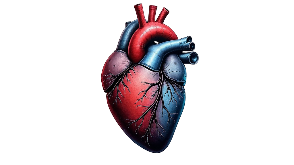Cybernetic Heartbeat: An anatomical human heart seamlessly integrated with mechanical components, where one half is organic and the other is a network of wires and light, with an ECG/data pulse line wrapping around it.
