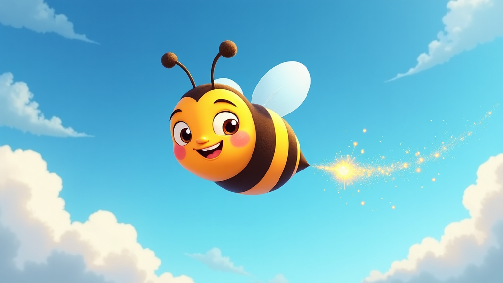 A cartoon bee zipping through the sky, leaving a trail of sparkles, with an endearing smile and rosy cheeks.