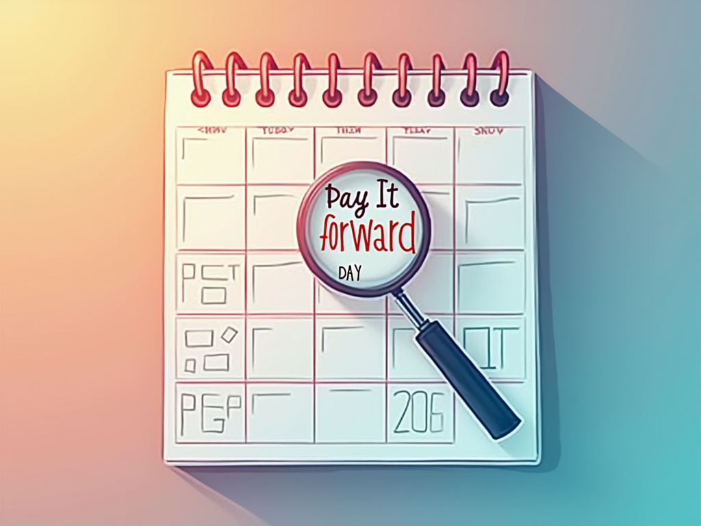 Illustration of a large wall calendar with many dates visible. A magnifying glass focuses on the Pay It Forward Day date, highlighting it and making it the central focus of the design.