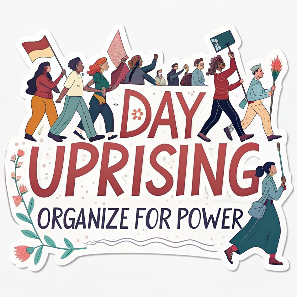 A sticker illustrating a unified group of diverse people marching, perhaps carrying banners or tools. The text 'May Day Uprising: Organize for Power' is prominently featured, possibly on a banner or as an overlay.