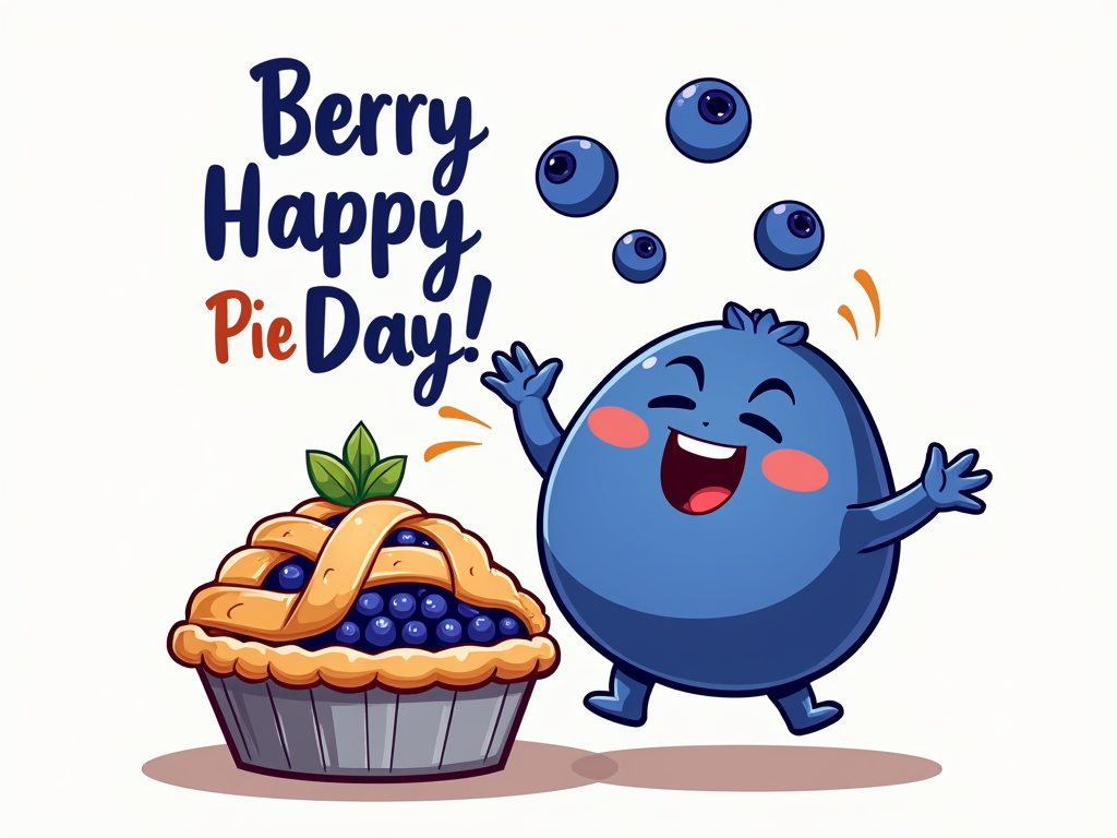 A dynamic cartoon blueberry character joyfully tossing a few smaller blueberries in the air next to a beautifully baked blueberry pie. Text: 'Berry Happy Pie Day!'