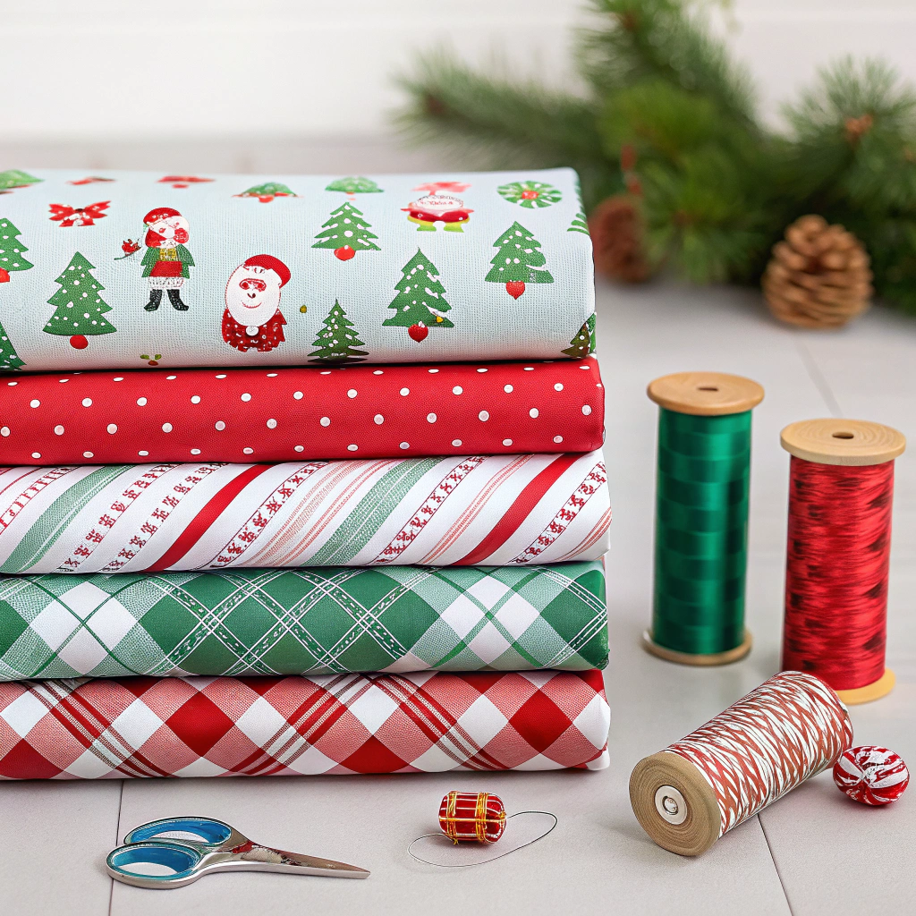 A stack of festive Christmas pattern fabrics in a sewing corner, rolled neatly. Each boasts a unique design, such as Christmas plaid, candy stripes, and little Santas.