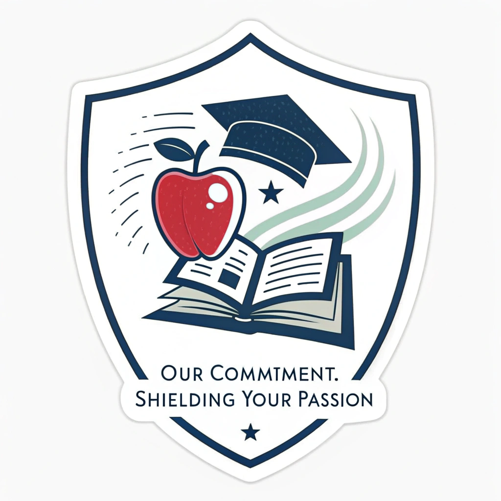 The Shield of Support: A sticker featuring a stylized shield, perhaps with an apple or book emblem, symbolizing protection and unwavering support for teachers. Text: 'Our Commitment: Shielding Your Passion.'