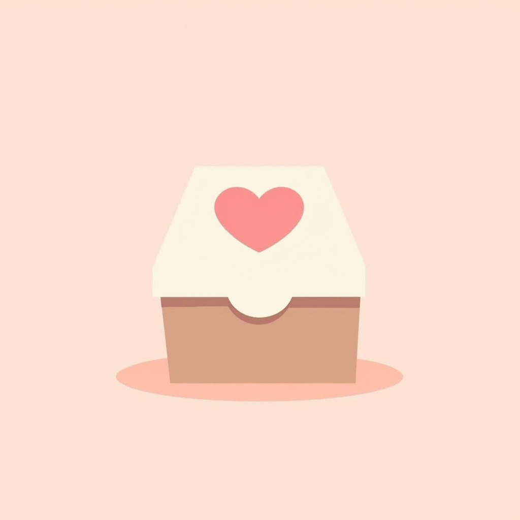 A minimalist illustration of a chocolate box with a simple heart design, using a limited color palette.