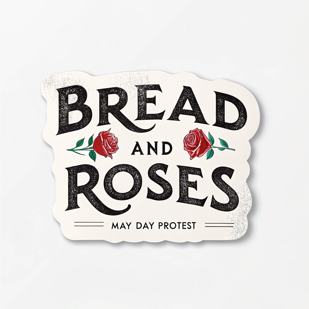 Sub-design 2 (Typography & Symbol): A text-centric sticker with 'Bread and Roses' in a strong, impactful typeface (e.g., condensed sans-serif or a rugged script). A small, iconic red rose is subtly placed, perhaps replacing a letter or as an end mark. 'May Day Protest' as a supporting element.