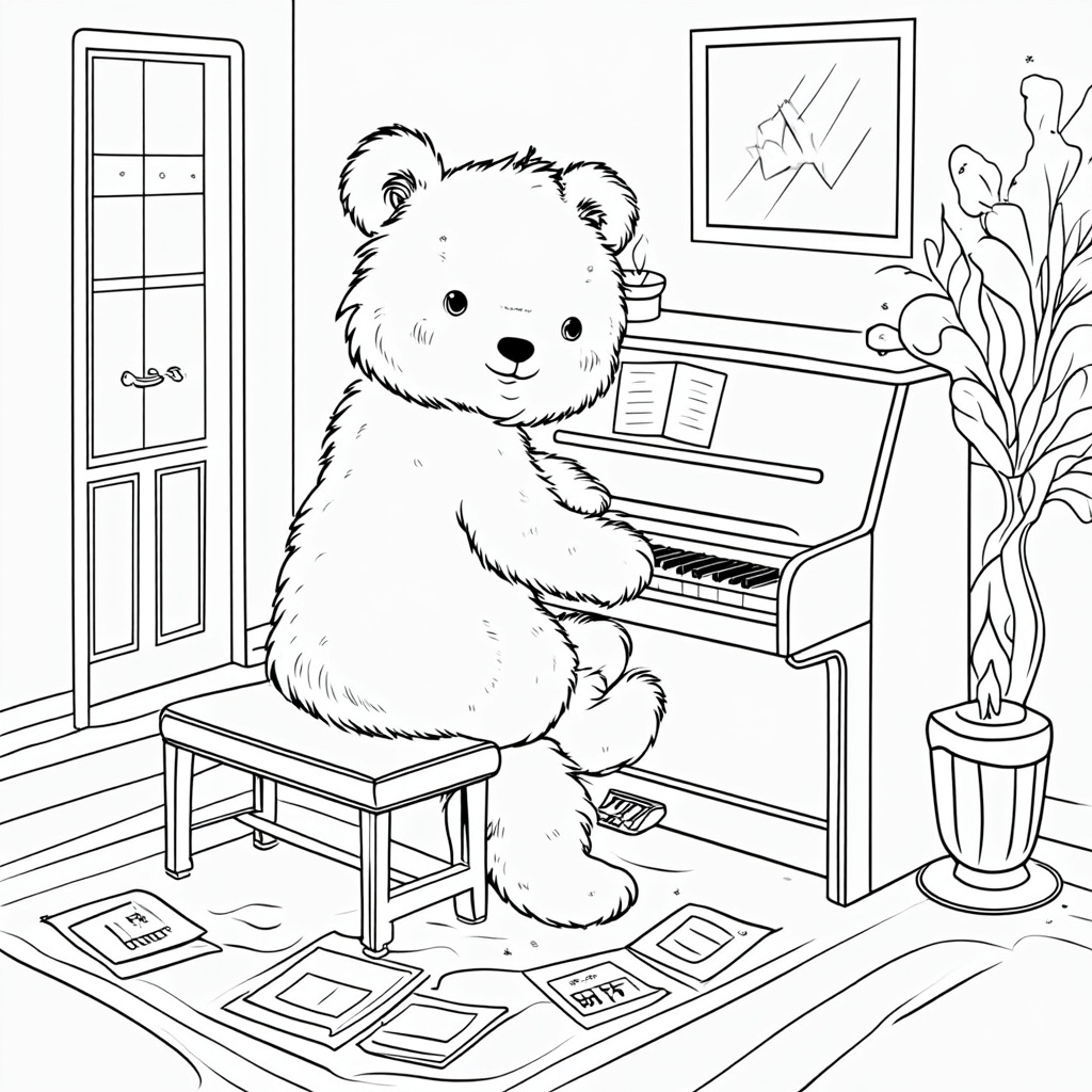 A bear playing a piano in a cozy room filled with sheet music and a flickering candle.