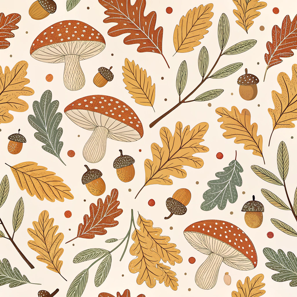 A cozy, knitwear-inspired pattern of interlacing oak leaves and mushrooms in muted earth tones, perfect for fall.