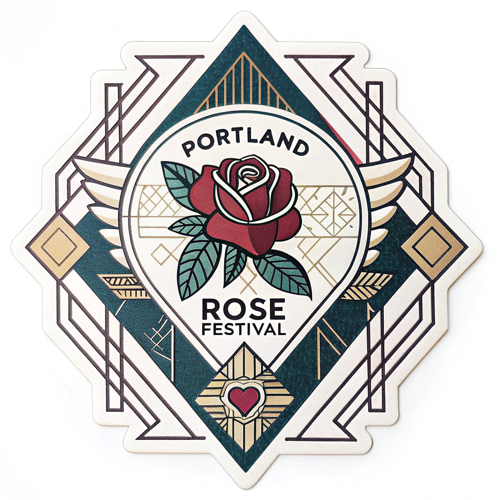 Deco Rose Medallion: A geometric and symmetrical rose emblem inspired by Art Deco. Think bold lines, stepped patterns, and a stylized rose at the center of a circular or octagonal medallion using 'Portland Rose Festival' text. Colors: deep jewel tones (emerald, sapphire) with metallic gold or silver accents, and creamy off-whites.