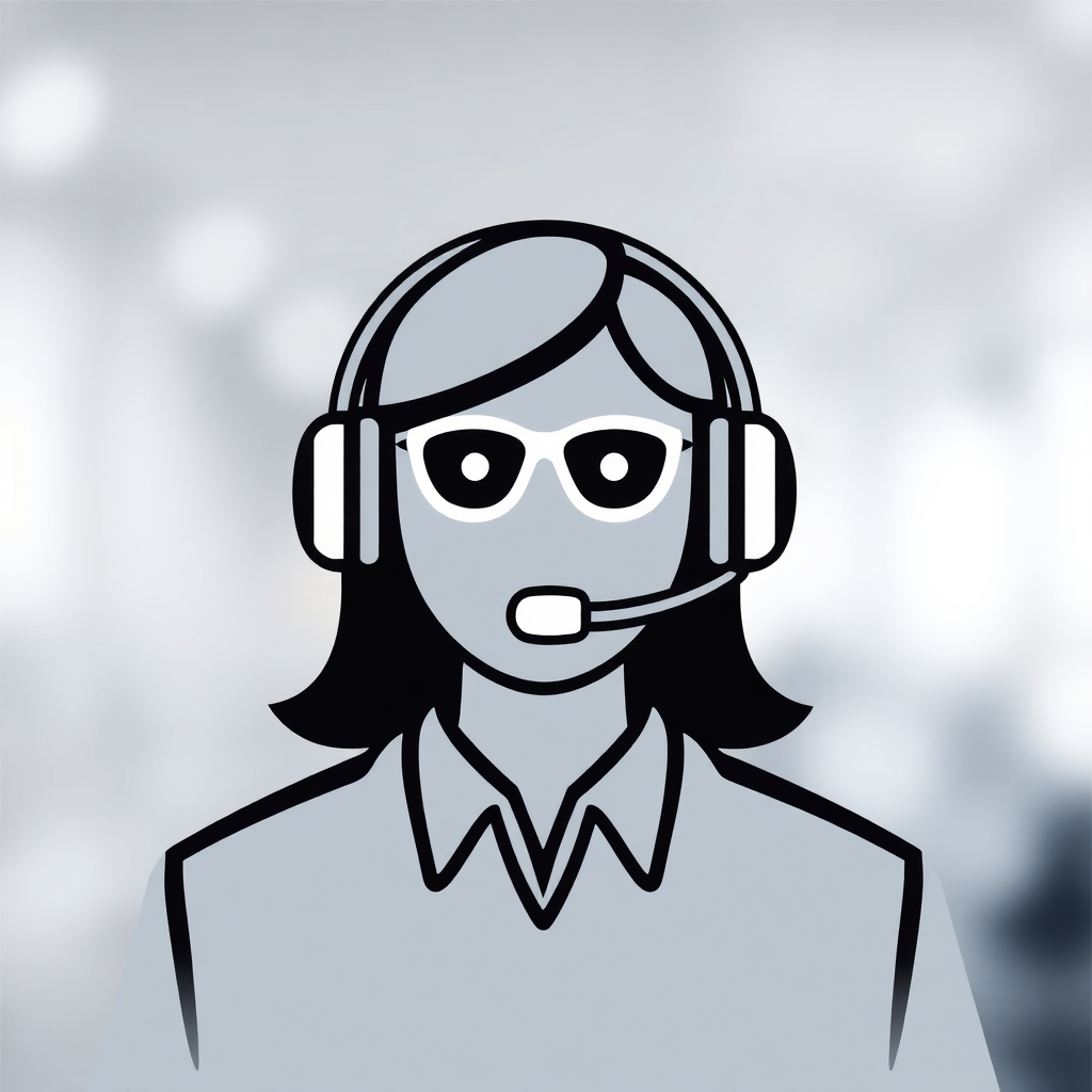 The image is a black and white illustration of a person wearing a headset. The person has shoulder-length hair and is wearing a collared shirt. The headset has a microphone attached to it and the person's face is not visible in the image. The background is blurred, but it appears to be a cityscape with buildings and trees. The overall style of the illustration is simple and minimalistic.