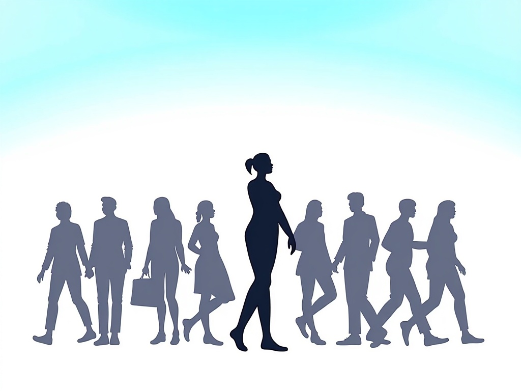 A silhouette of a woman leading a diverse group of people forward, symbolizing guidance and direction.