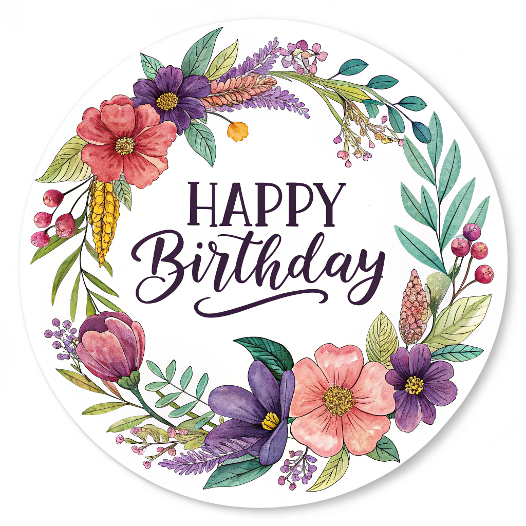 A circular sticker featuring a vibrant floral wreath surrounding the text 'Happy Birthday' in an elegant script font.