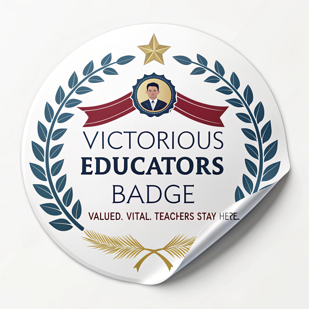 Sticker Design 3: 'Victorious Educators Badge.' A design resembling a medal or laurel wreath (for 'Victorious'). The word 'Victorious' is bold. 'Valued. Vital. Teachers Stay Here.' supports it. Palette: metallics (gold/silver), deep blues or vibrant academic colors.