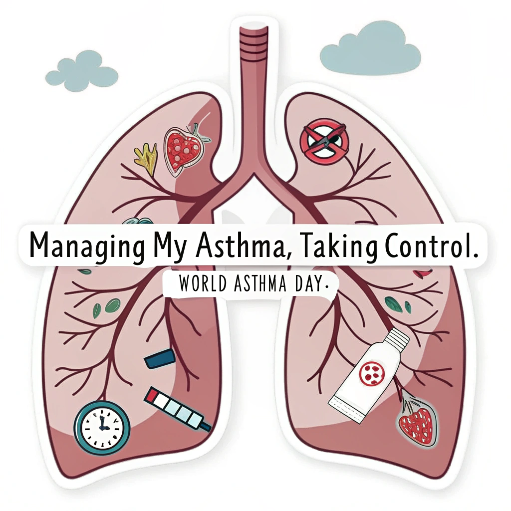 Sub Design Idea 2: Lungs & Action Checklist - Sticker shows a pair of clean, healthy lungs. One lung subtly features small icons representing key management steps (e.g., inhaler symbol, doctor symbol, 'no smoking' symbol). Text: 'Managing My Asthma, Taking Control. World Asthma Day.'